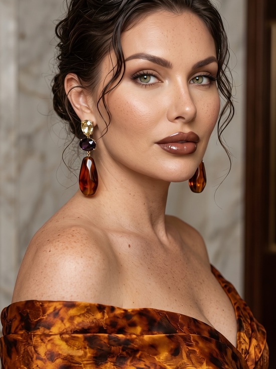 Handmade Jewelry - Elegant Amber Drop Statement Earrings - Gold Accent 8cm